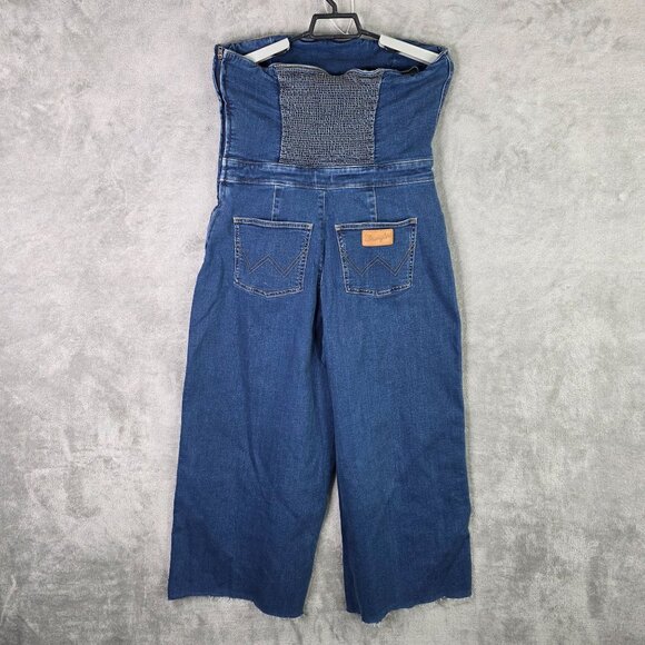 Womens Wrangler Blue Denim Corset Playsuit Strapless Smocked Back Side Zip L - Picture 2 of 12